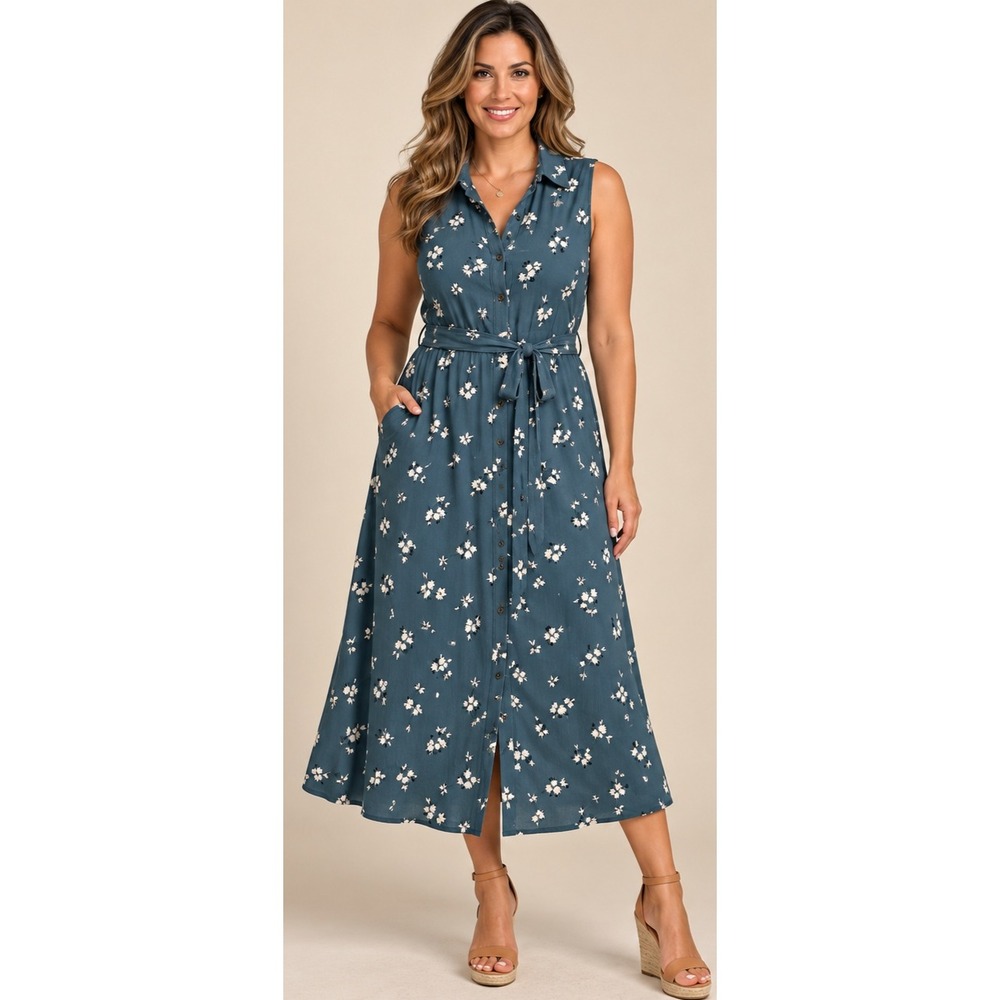 Billabong Womens Floral Sleeveless Button Down Midi Shirt Dress Teal Blue XS